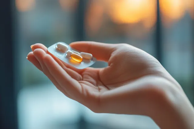 Young woman’s hand holding a blister pack with painkiller tablets in a softly lit home setting.