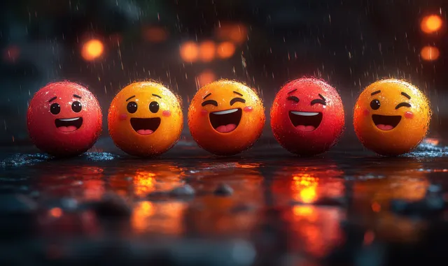 Five colorful emoji balls sit in a row under warm bokeh lights, showing mixed happy and angry facial expressions.