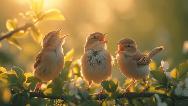 Three songbirds sing while perched on a branch with sunlit spring blossoms and green leaves behind them.