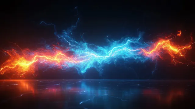 Blue and orange lightning energy arcs collide above a dark reflective surface, casting mirrored streaks of light.