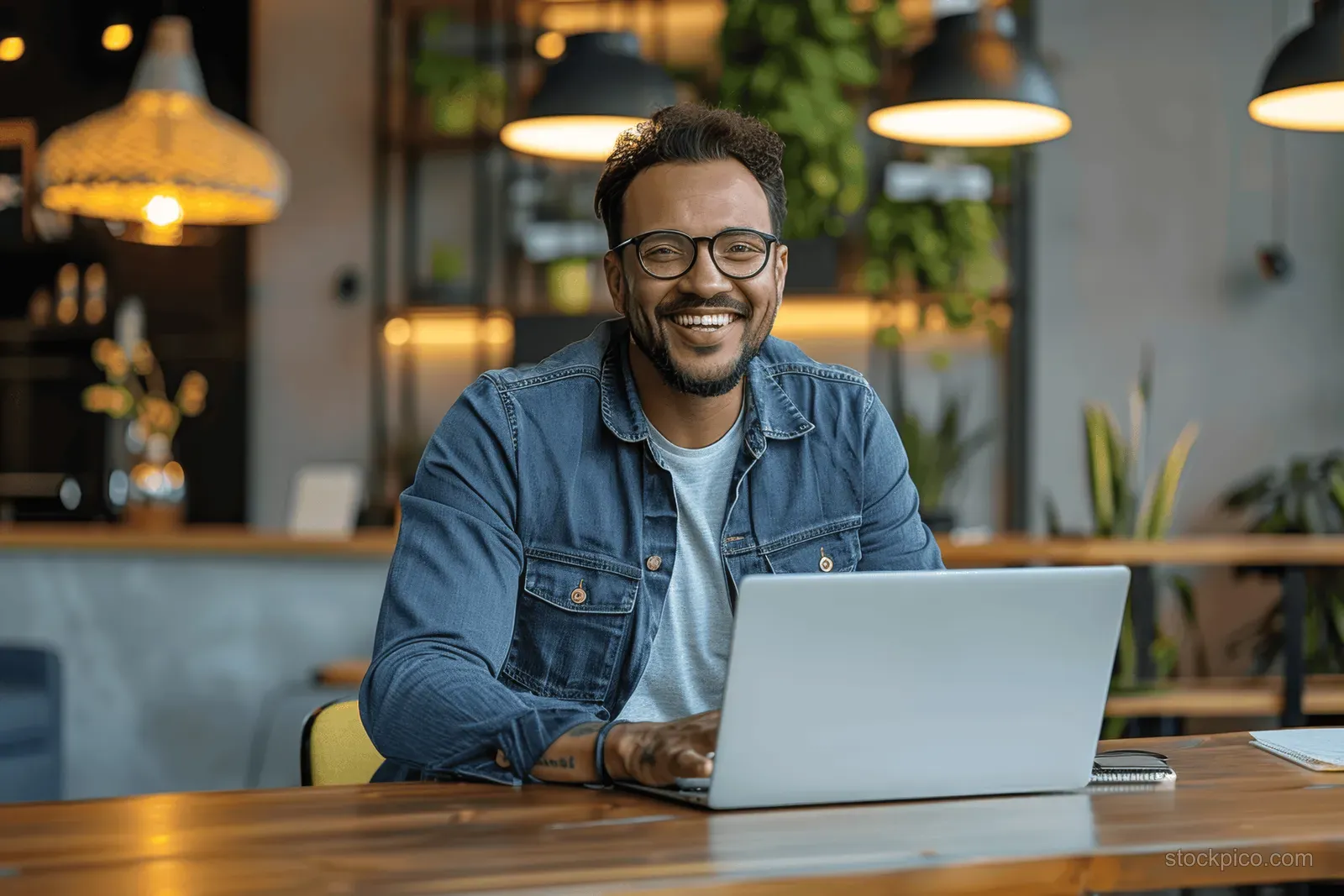 Smiling man with glasses sits at a desk using a laptop in a modern office with green plants.