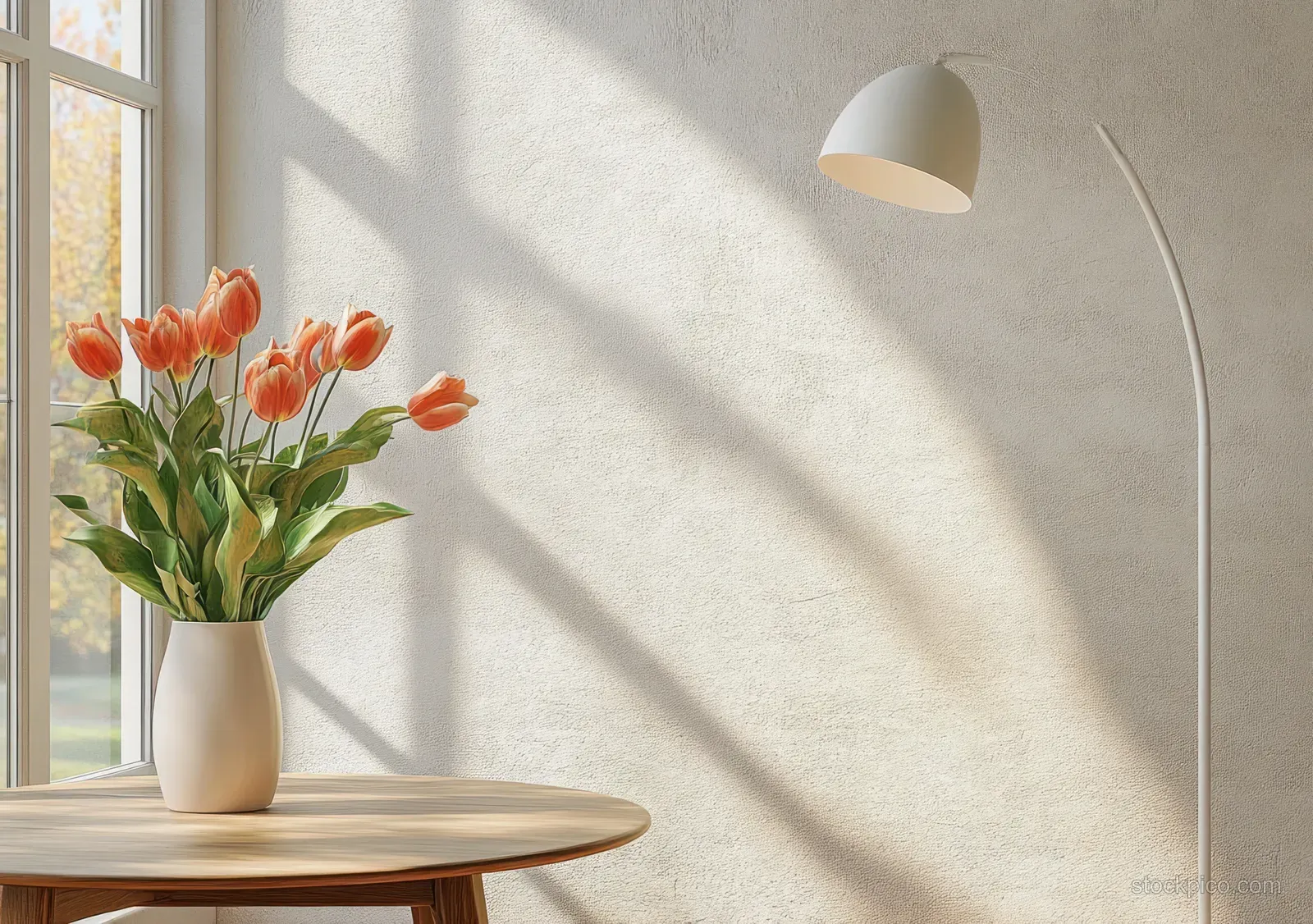 Orange tulips in a white vase sit on a wooden table by a large window, casting soft shadows on a textured wall.
