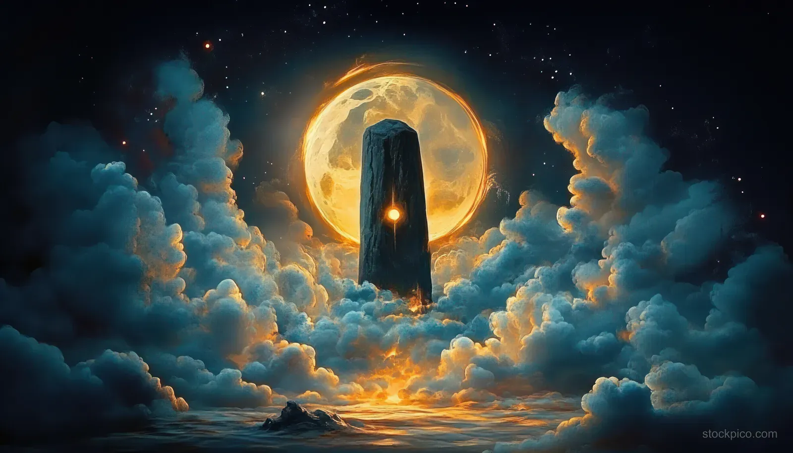 Watercolor banner of a glowing Shiva lingam under a bright moon with golden trident in a cloud-filled night sky.
