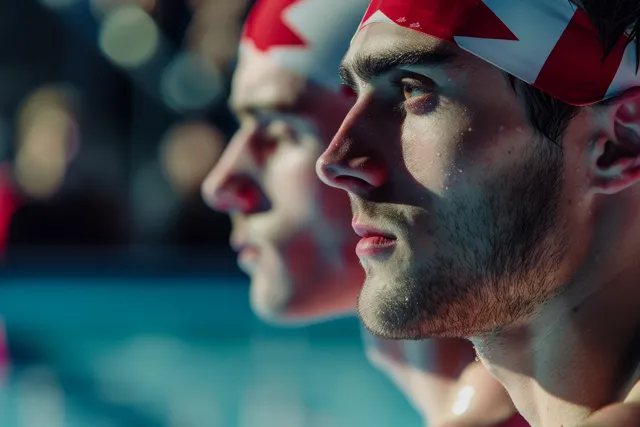 Canadian male divers in focused lineup before a synchronized high-dive at the pool