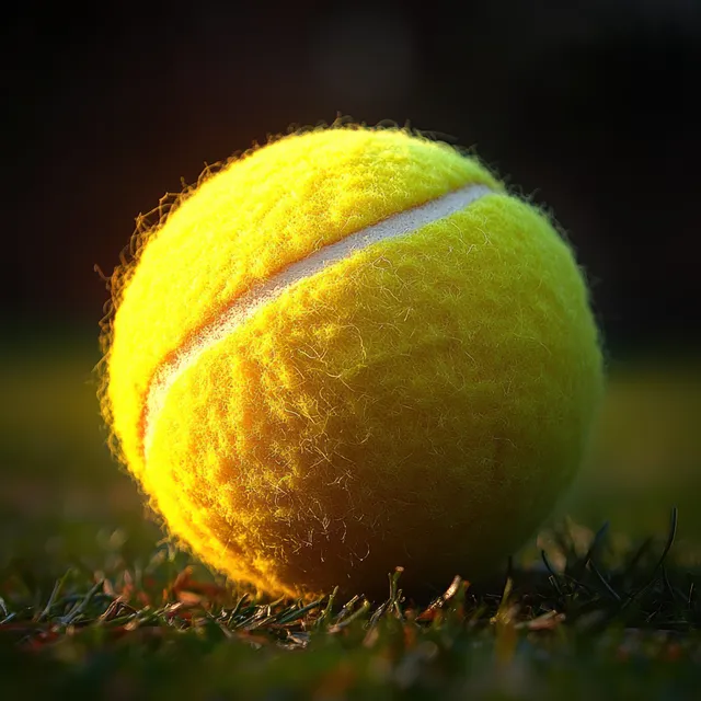 A bright yellow tennis ball rests on grass under dramatic lighting, showing fuzzy fibers and sharp focus.