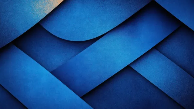 Abstract blue and black geometric paper folds with curved ribbons and striped bands