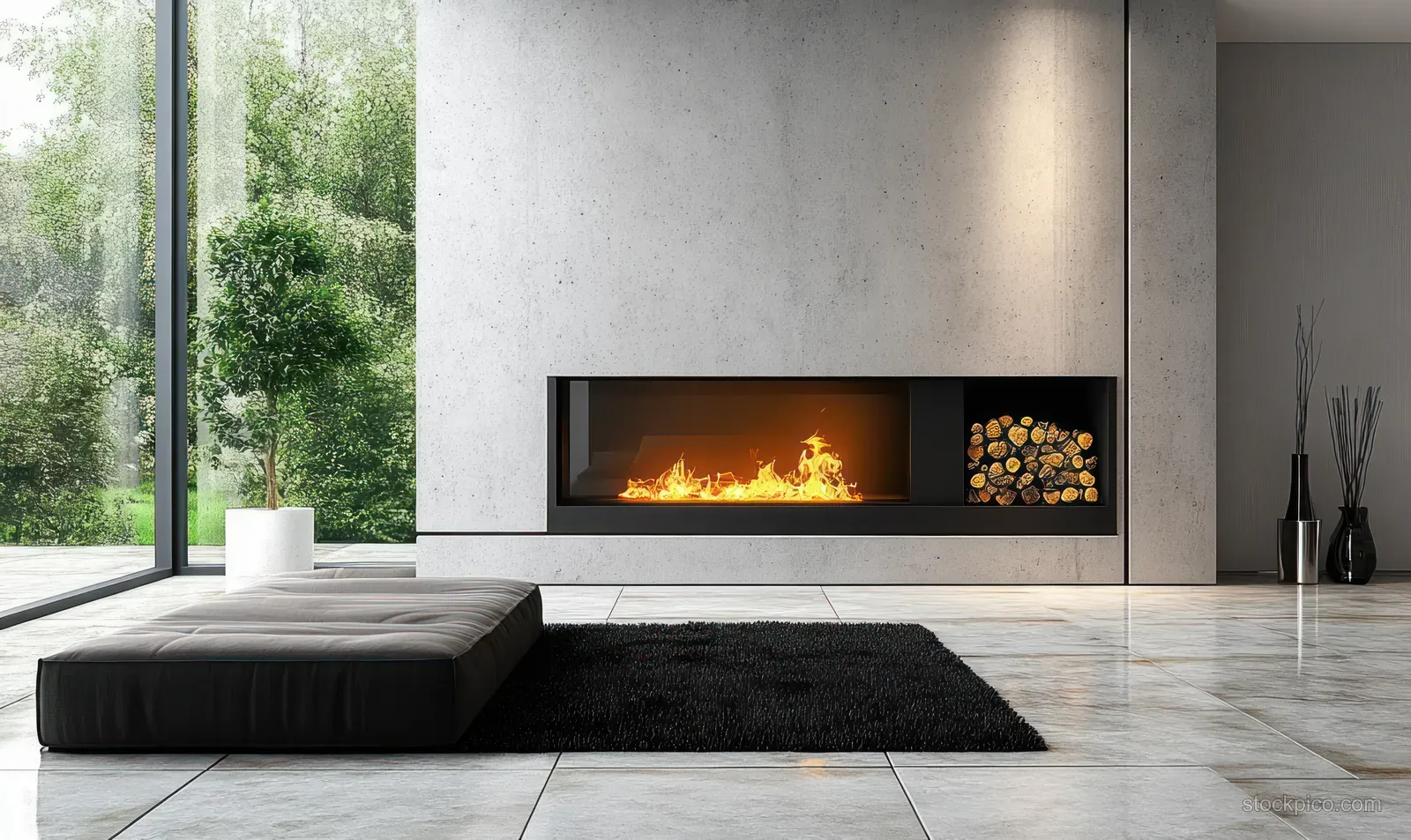 Minimalist living room showing a concrete wall fireplace with glowing flames, neutral seating, and soft daylight.