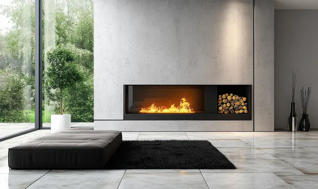 Minimalist living room showing a concrete wall fireplace with glowing flames, neutral seating, and soft daylight.