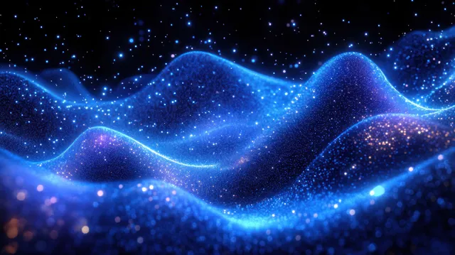 Glowing blue waveform ribbons glow in a dark space while sparkling particles drift around them.