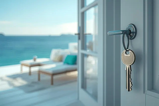 A key dangles from a white door handle with an open view to a seaside patio and turquoise ocean.