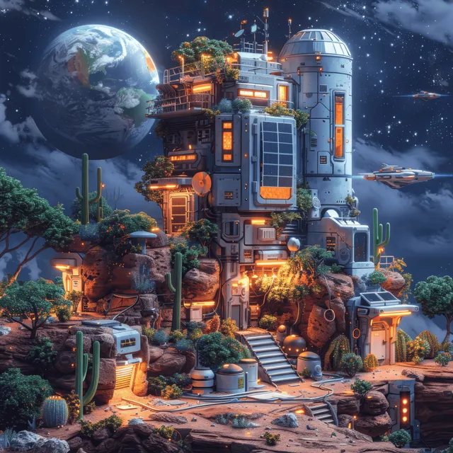 An isometric space station and docked spacecraft on an alien landscape with glowing solar panels under a starry sky.
