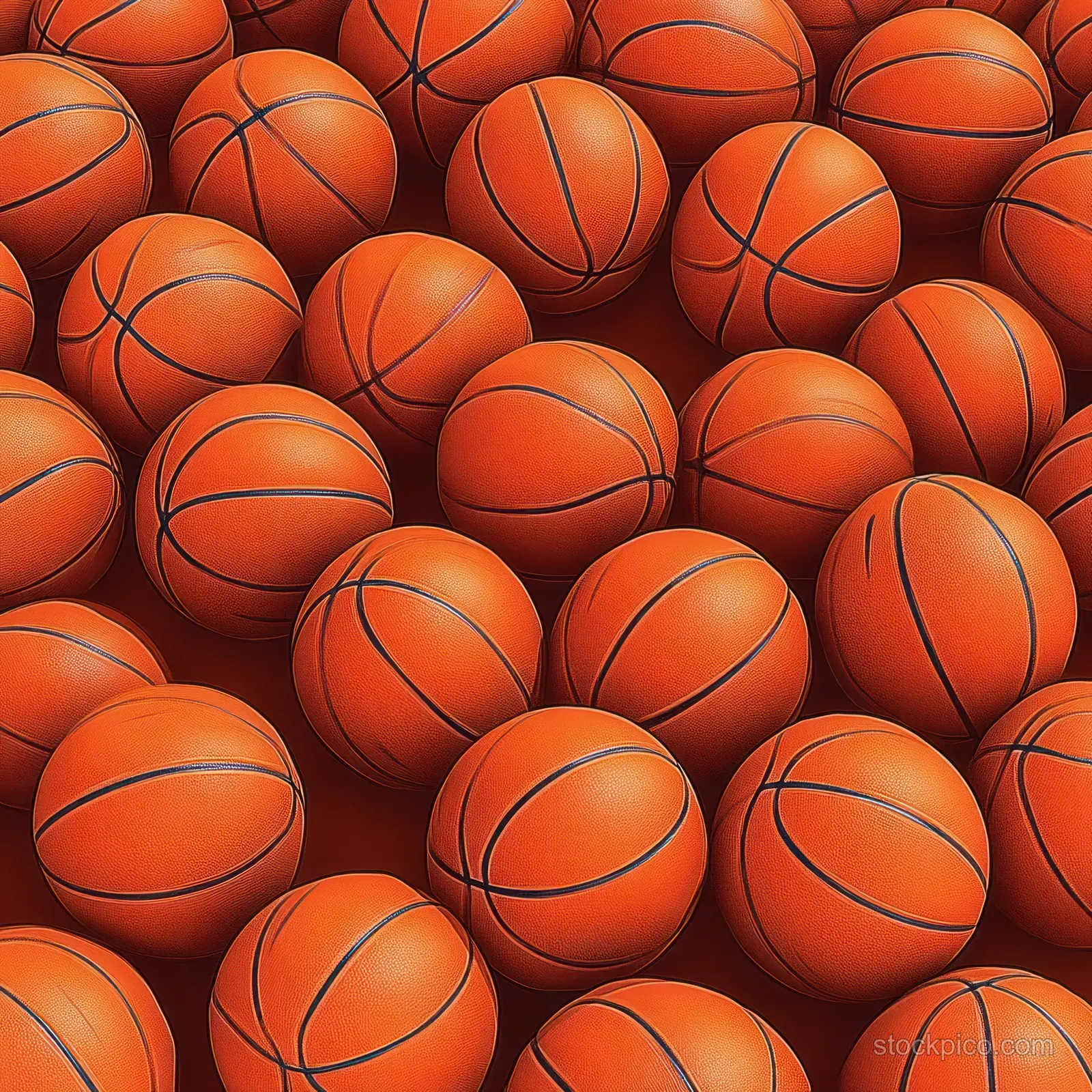 Many orange basketballs are tightly piled together with seams and curved black lines visible.
