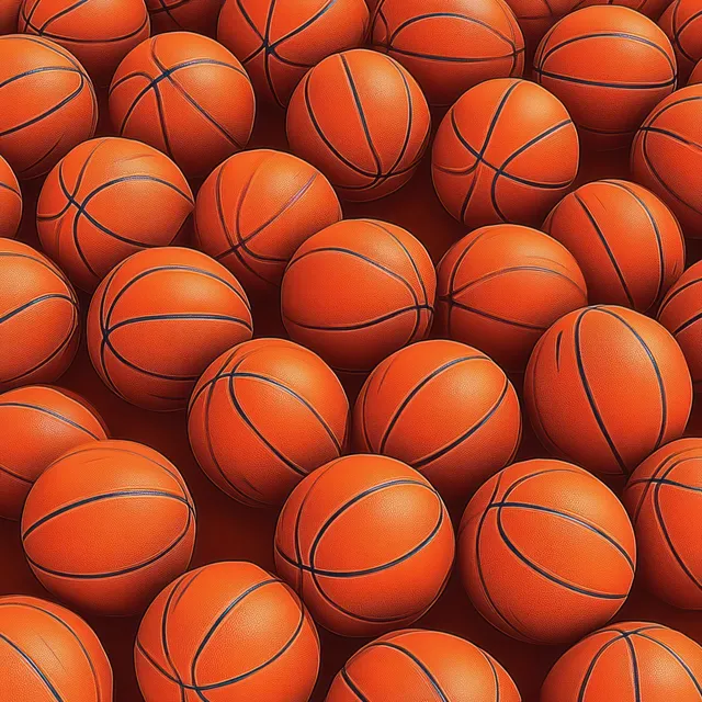 Many orange basketballs are tightly piled together with seams and curved black lines visible.