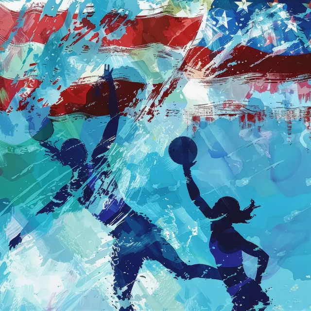 Silhouetted women water polo players splash through blue water beneath red white and blue brush strokes.
