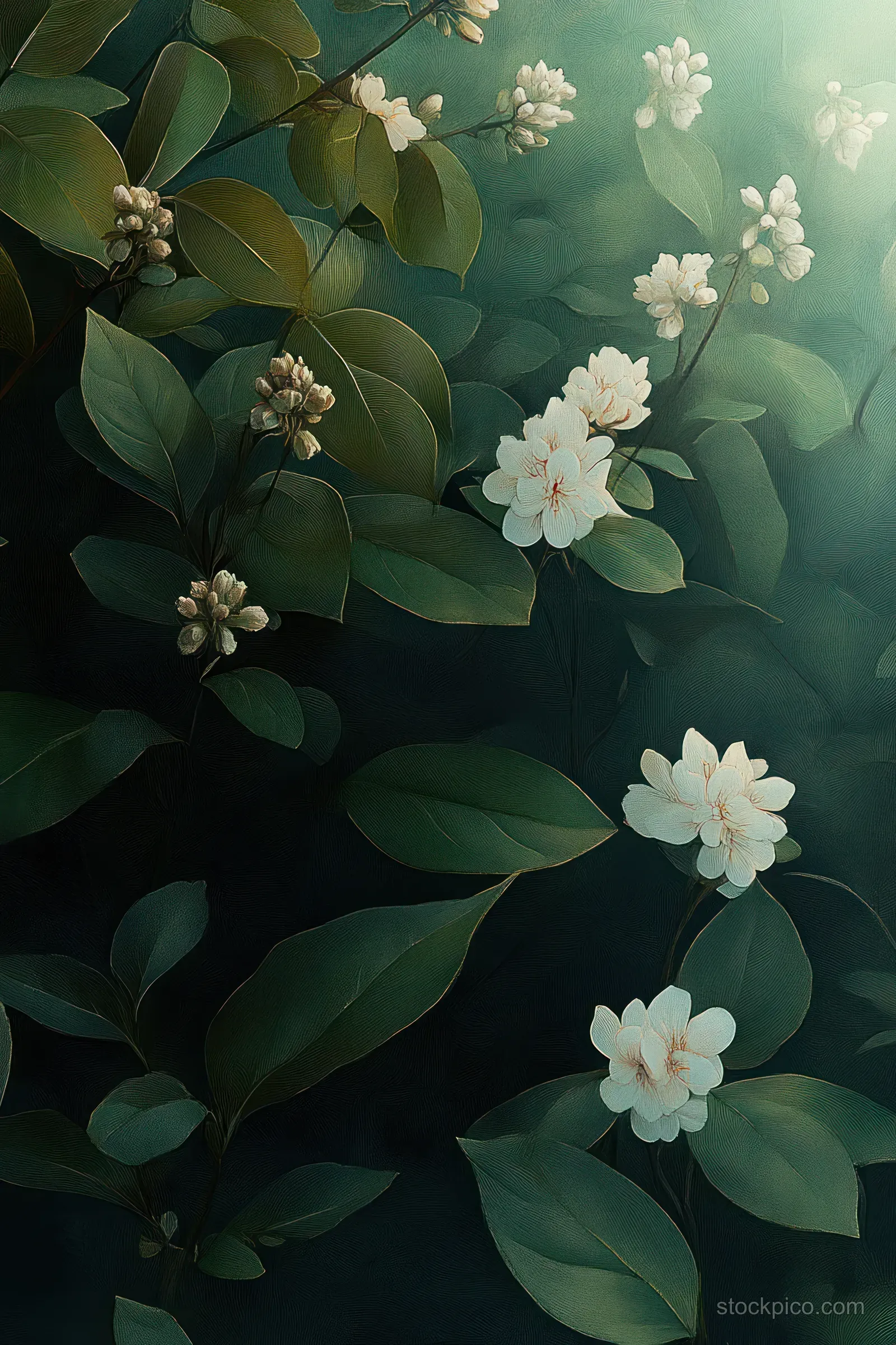 Green foliage with small white blossoms fills the frame with a soft glowing watercolor haze.
