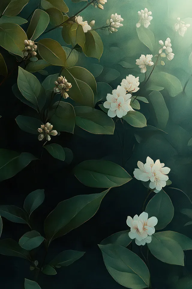 Green leaves with pale white blossoms in soft watercolor haze and glowing light