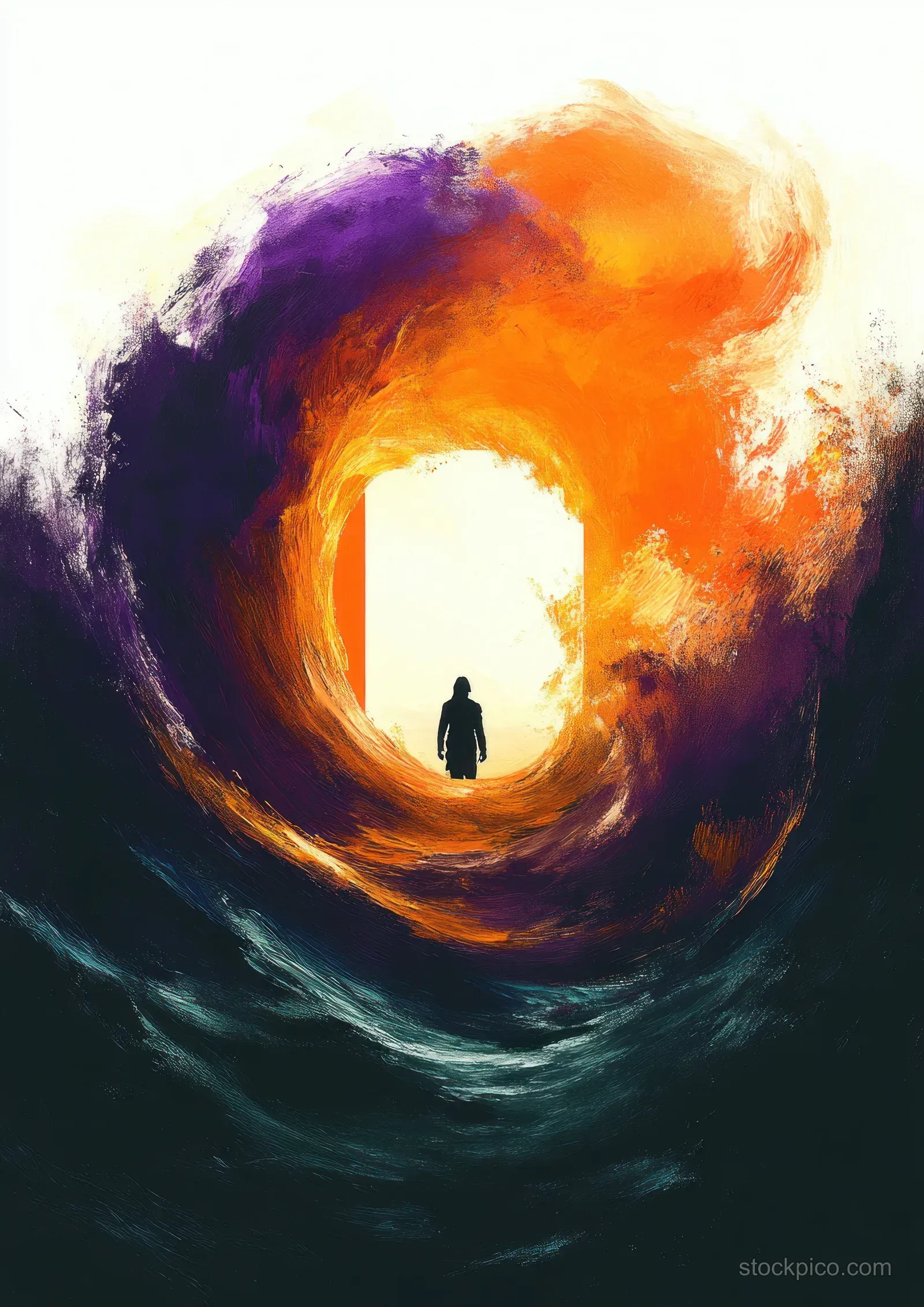 Silhouette stands in a bright doorway while orange and purple waves swirl around in dark blue.