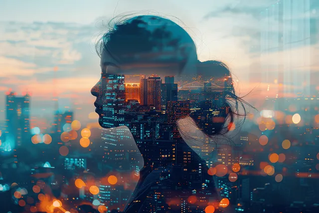Business woman silhouette double exposed over a futuristic smart cityscape with glowing digital identity elements.