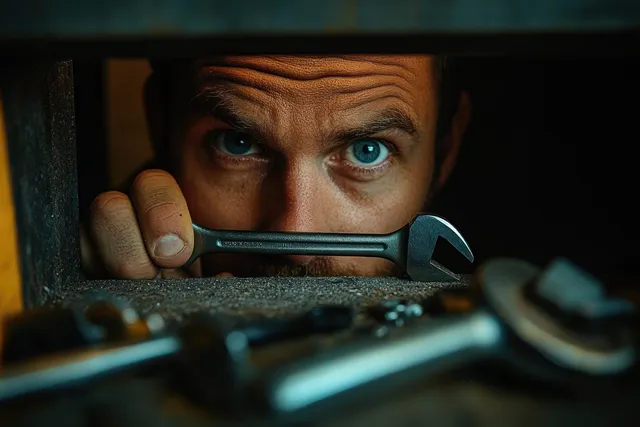 A mechanic peers through a small dark opening holding a metal wrench while tools lie scattered in dim workshop light.