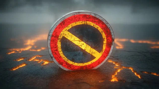 A red prohibition sign floats over smoky industrial ground with faint embers at sunset.