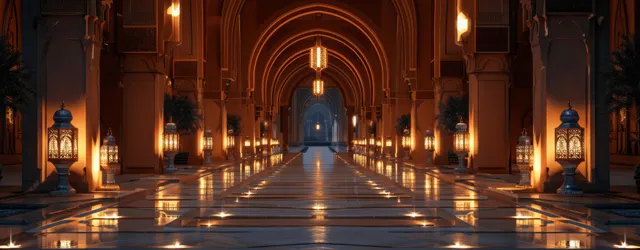 An Arabian palace corridor at night with illuminated arches, lanterns, and a reflective marble floor.