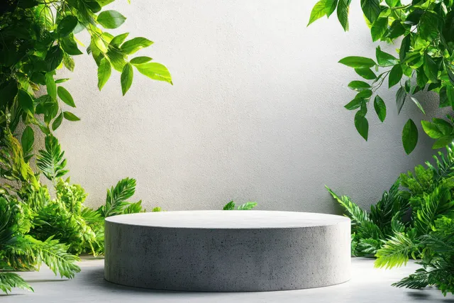Grey cylindrical concrete podium centered on a light floor with surrounding green leaves.