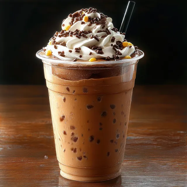 Cold chocolate milkshake in a plastic cup on a wooden table, topped with whipped cream and sprinkles with a black straw.