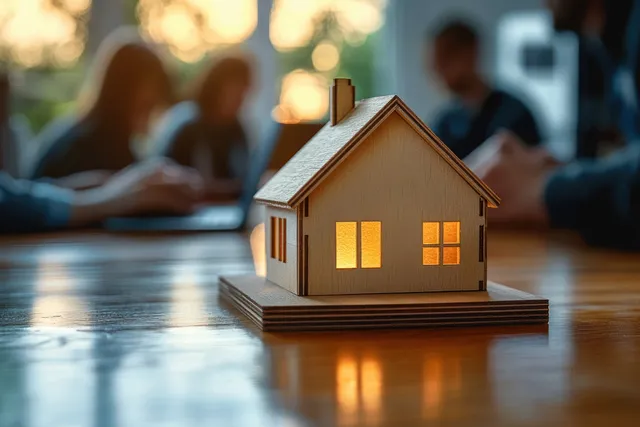 A miniature wooden house with warm window lights on a table while people blur in the background during a sunset meeting.