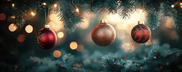 Red and gold Christmas ornaments hang on a pine tree against warm golden bokeh lights.