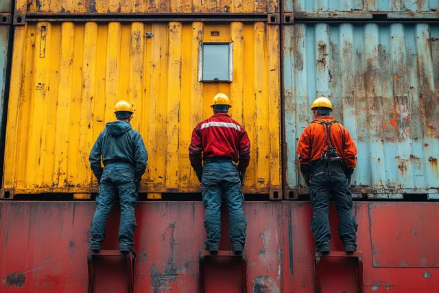 Cargo ship workers in industrial yard discuss container export beside stacked shipping containers