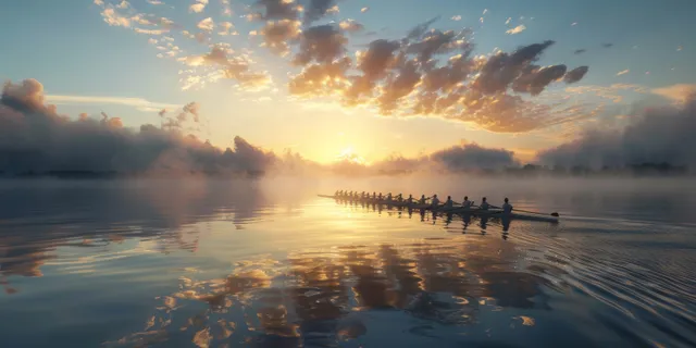 USA women’s rowing eight glides at dawn, misty water and synchronized oar strokes
