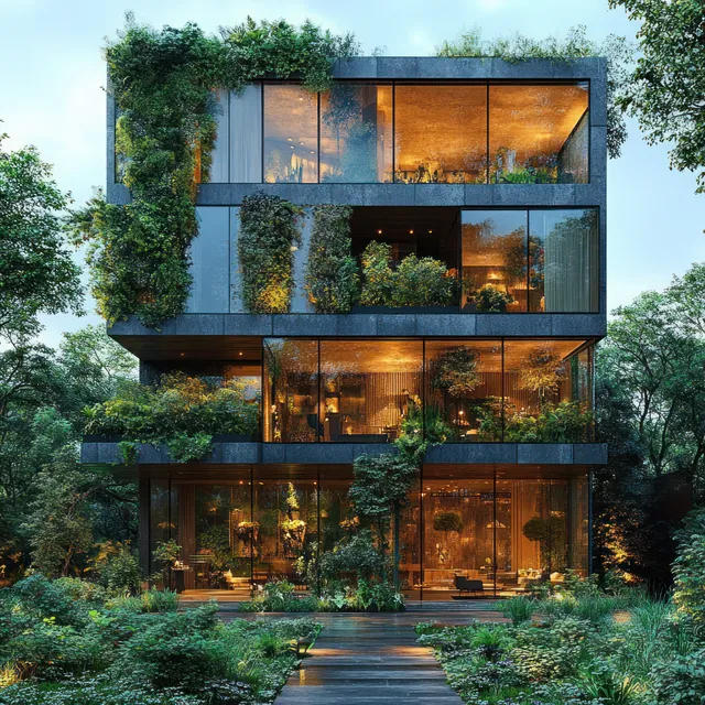 Futuristic office tower with glowing glass windows wrapped in lush vertical greenery and leafy terraces.