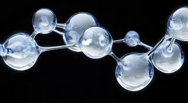 Transparent spheres connected by molecular bonds glow along a dark background.