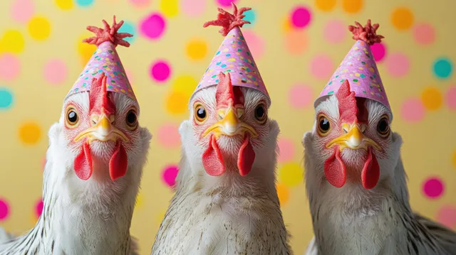 Three white chickens wearing colorful party hats against a dotted yellow background