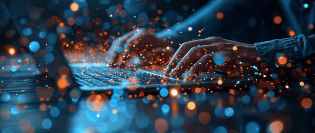 Businessman using laptop and mobile inside glowing digital network backdrop
