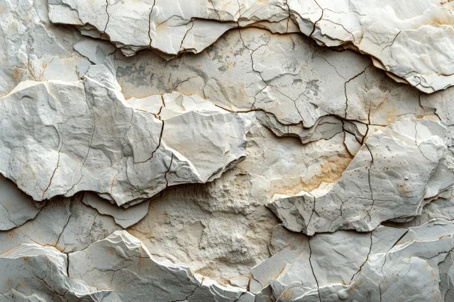 Close-up of a cracked plaster wall with peeling layered texture in cream and beige stone tones.