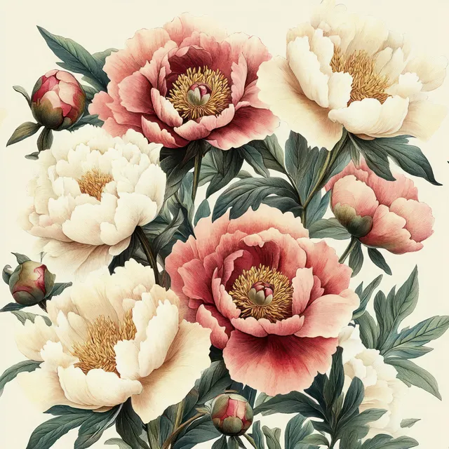 Peonies in vintage watercolor floral design with layered petals and leafy stems