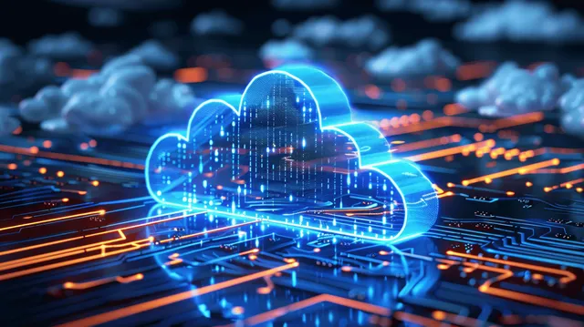 Glowing cloud padlock icon above a neon futuristic circuit board with blue data lines and orange tracks.