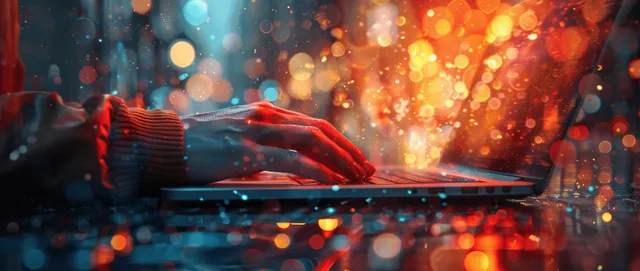 Man using laptop with glowing digital network and city lights