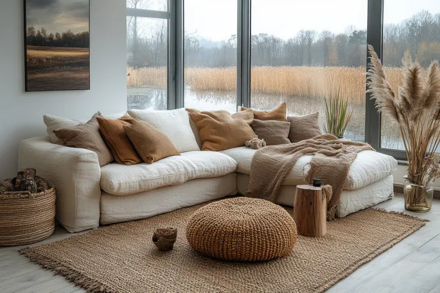 Cozy Christmas living room with tree lights, soft throws, and warm candle glow