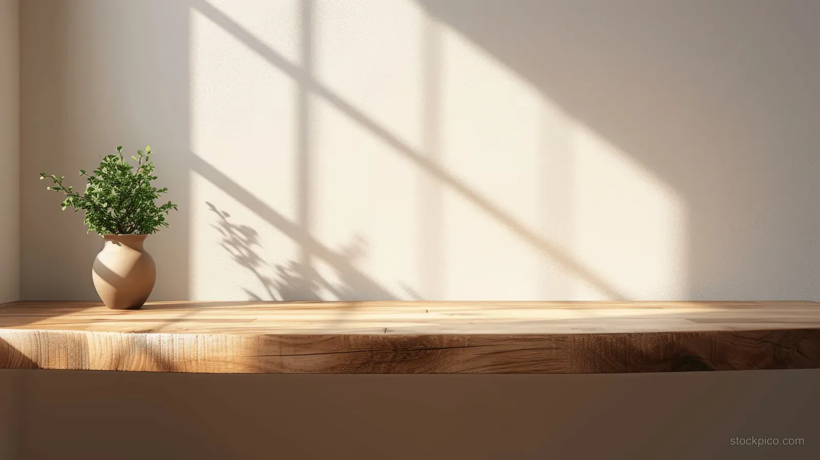 Natural wood table top lit by sunlight with a small potted plant on a white wall background.