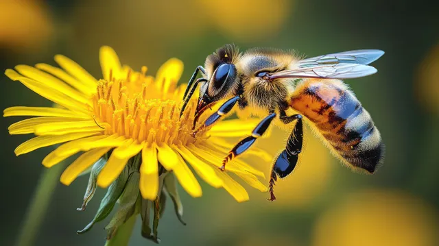 A honeybee drinking nectar from a bright yellow flower with sharply visible wings and body against a blurred background.