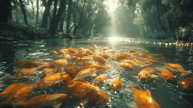 Dead fish float on murky polluted river water while sunlight creates shadow patterns across the surface.