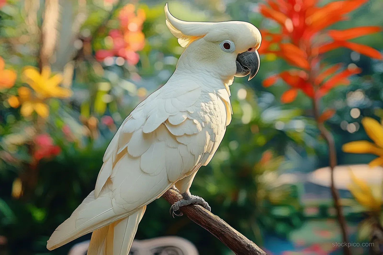 White cockatoo with raised crest perched on a branch in a vibrant tropical garden with soft morning light.