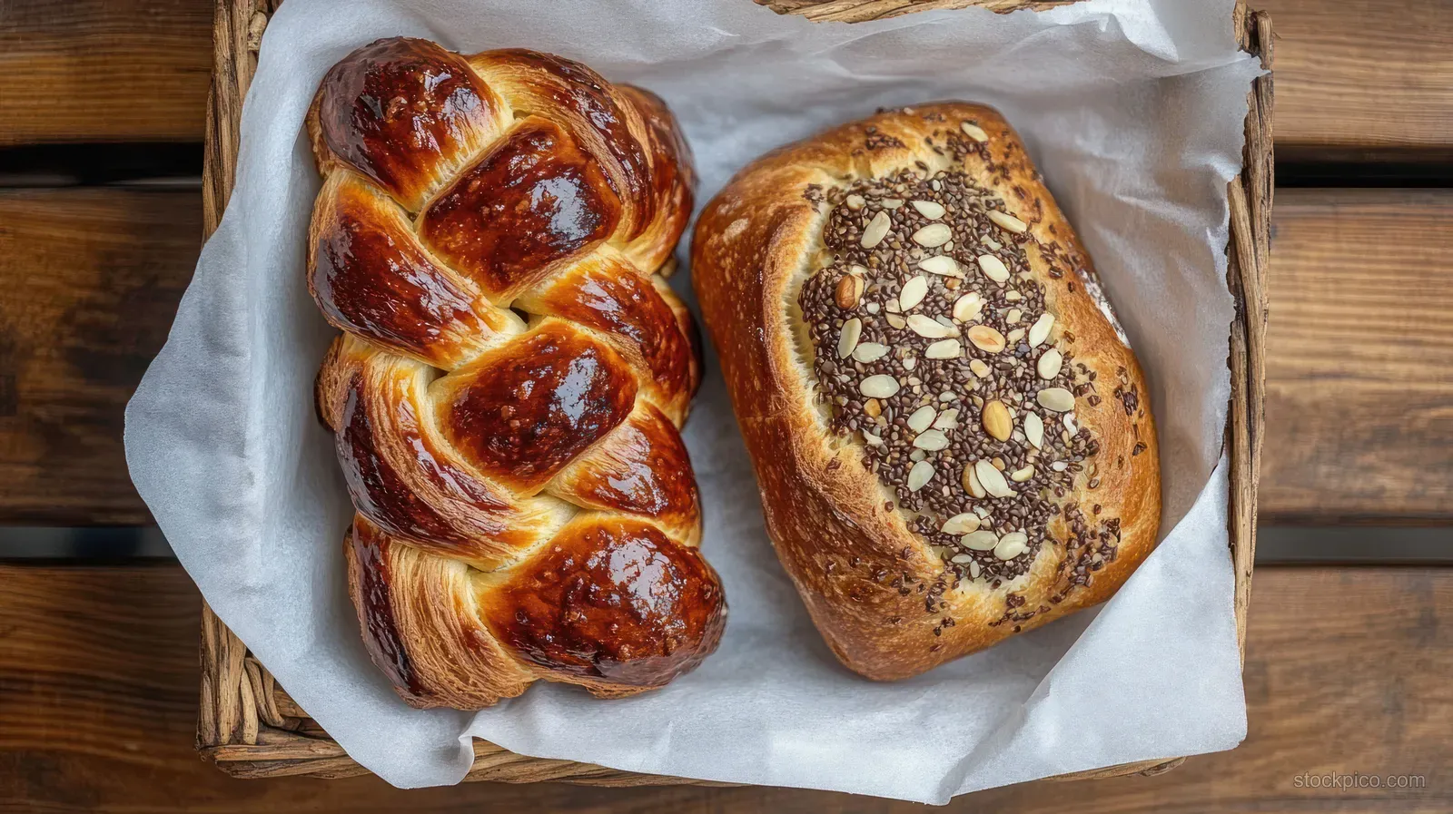 Pecan danish and multigrain seeded bread placed on parchment paper over a rustic wooden table.
