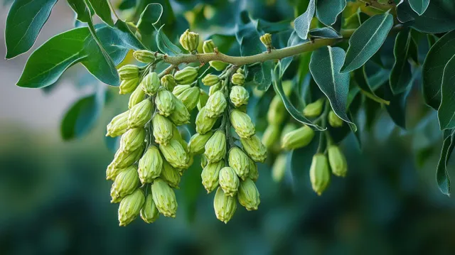 Green flower buds clustered on leafy branch against blurred background