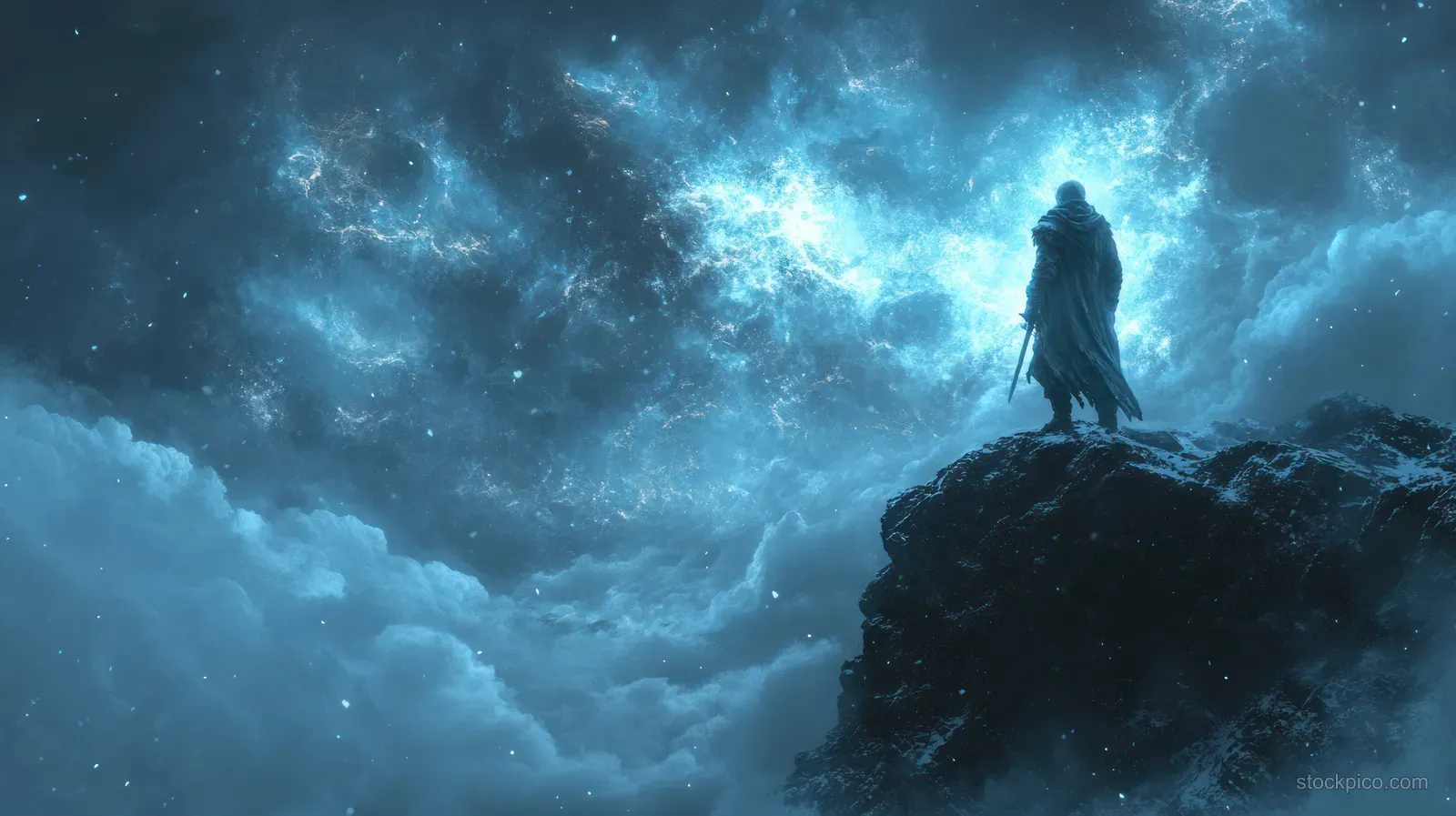 A mystical warrior silhouette stands on a snowy cliff with swirling blue storm lights overhead.