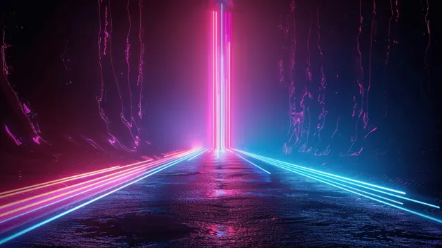 Neon pink and blue glowing corridor with laser beams and abstract futuristic space night atmosphere