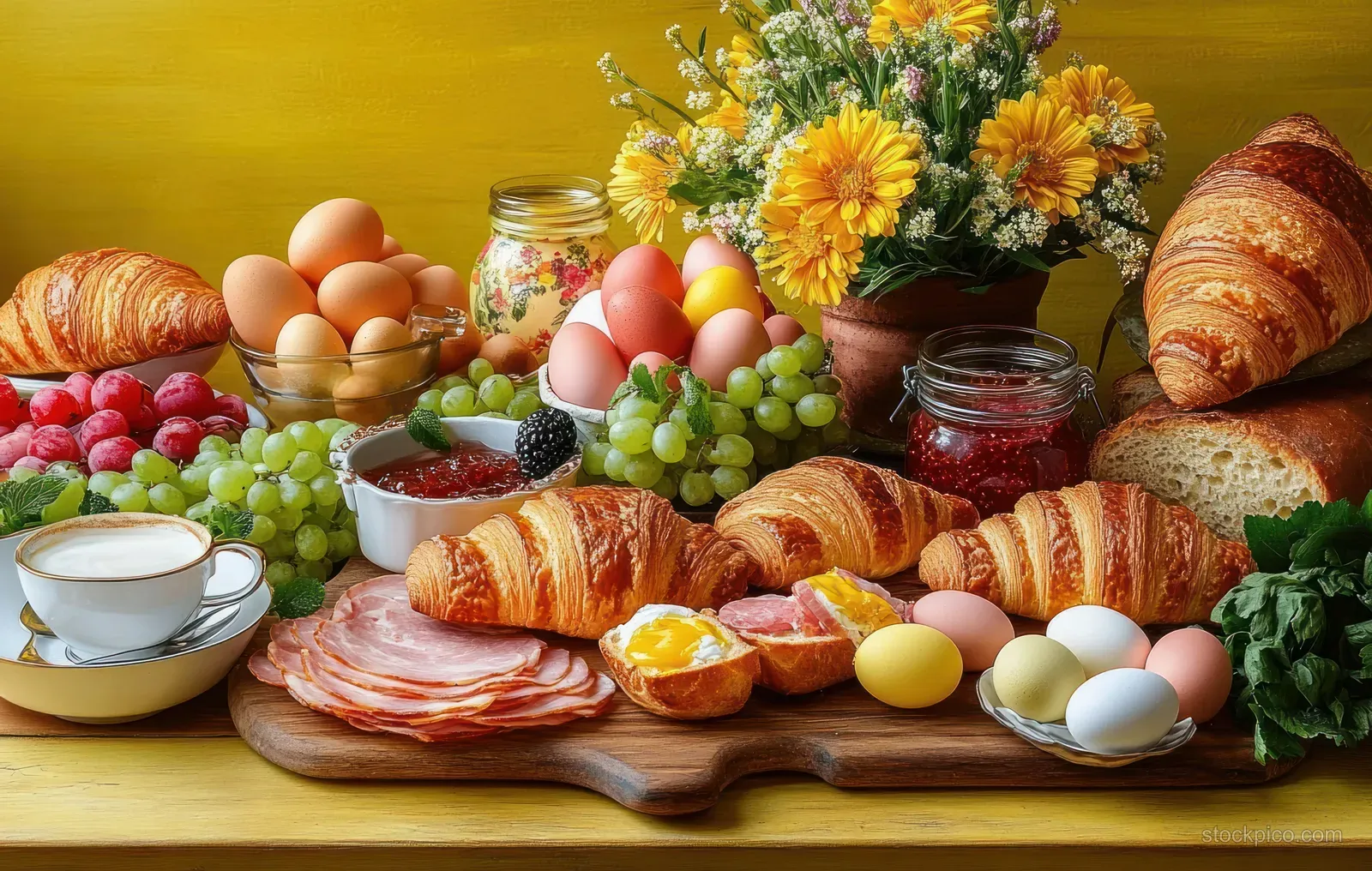 Croissants, eggs, jam, fruit, and sliced cured meat arranged on a wooden breakfast table beside a yellow flower bouquet.