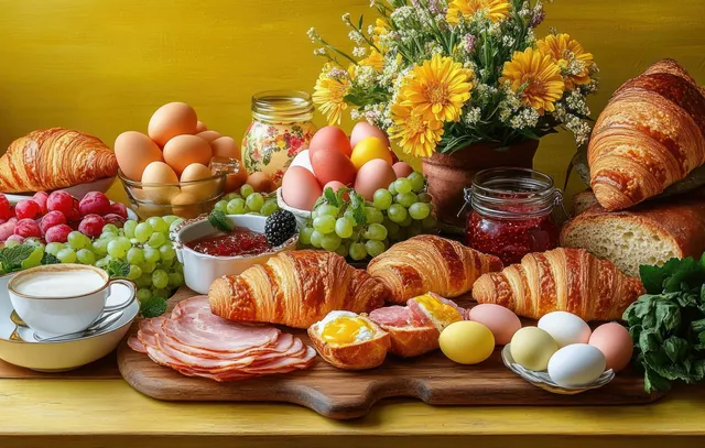 Croissants, eggs, jam, fruit, and sliced cured meat arranged on a wooden breakfast table beside a yellow flower bouquet.